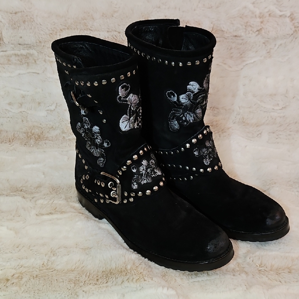 Frye Nat Flower Black Embroidered Suede Studded Women's Boots Size 10